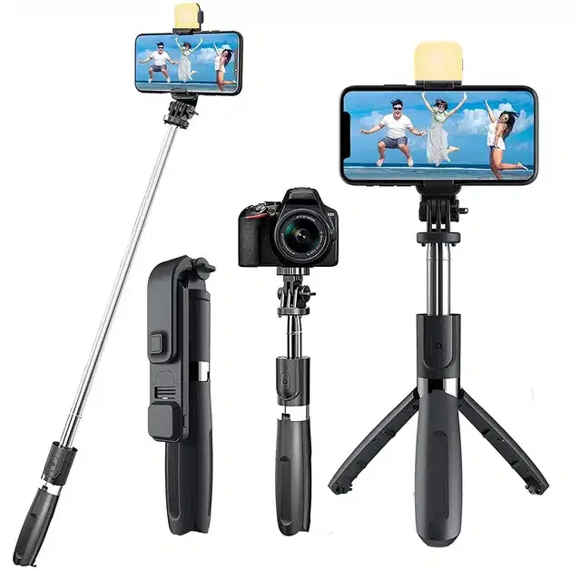 R1S Bluetooth Selfie Stick with Flash Light, Black
