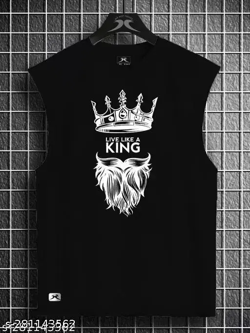 Round Neck Sleeveless Printed T-shirts for Men (Black, XL)