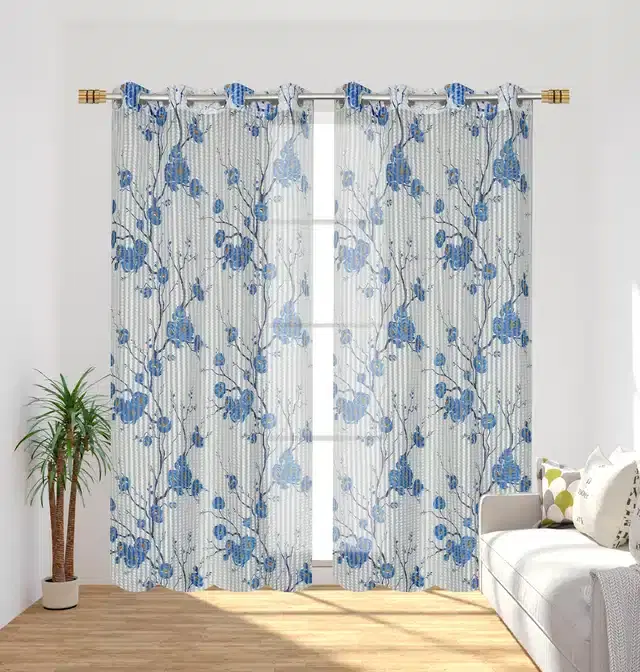 Printed Curtains for Door & Window, Pack of 2, Blue, 5 feet