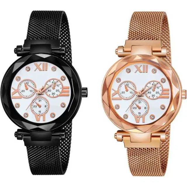 Casual Metal Analog Watch Combo Women, Pack Of 2 (Black & Rose Gold) (MP-711)
