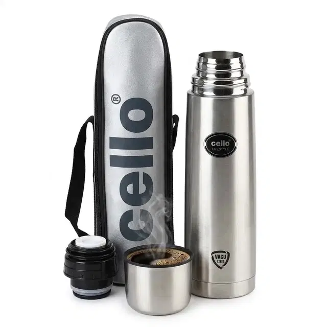 Cello Flip Style Vacusteel Flask, 1000 ml | Pack Of 1 | Hot & Cold Up To 24 Hours | Stainless Steel