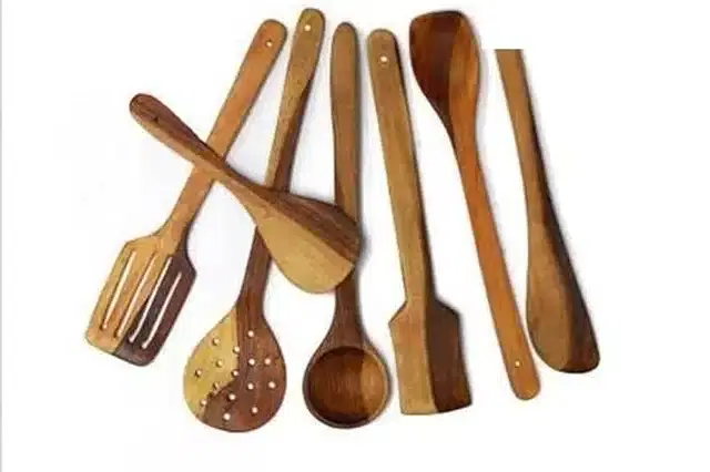 Wooden Cooking & Serving Spoons, Brown, Set of 7