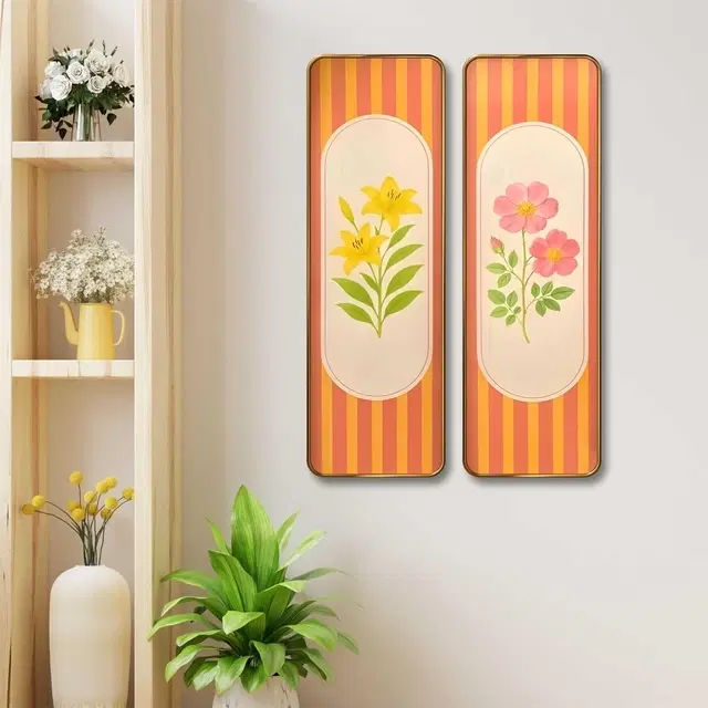 Kc Arts Uv Coated Yellow & Pink Flower Art Wall Hanging 6x18in Pack Of 2