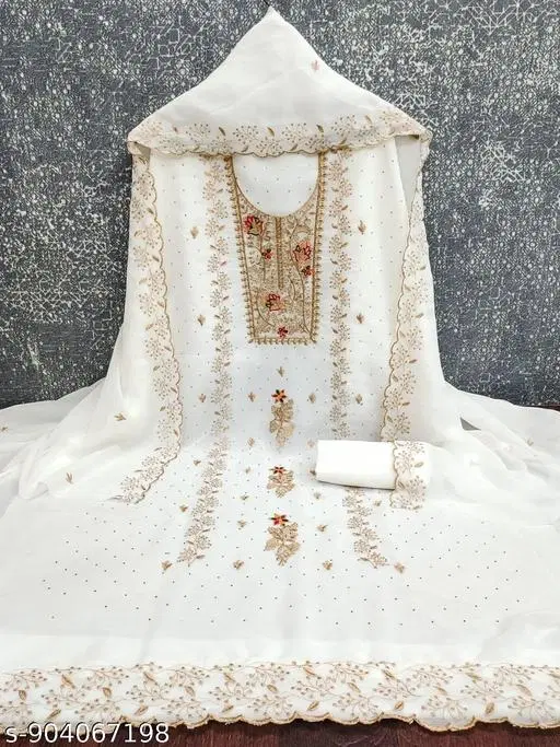 Georgette Embroidered Punjabi/All Over Suits for Women (White, Un Stitched)