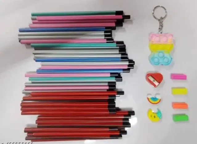 Combo of Posshe Pencils, 30 Pcs with 6 Pcs Erasers, Sharpener & Pop-it Keychain for Kids, Multicolor, Set of 4
