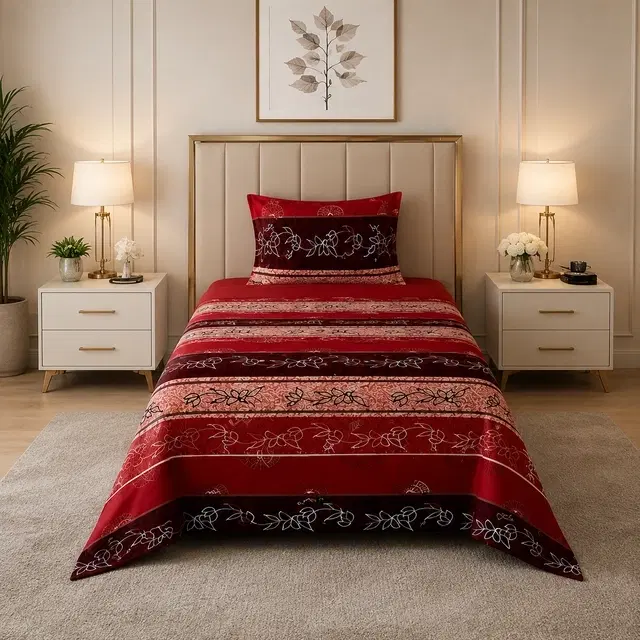 SimpleHome Microfiber Single Bedsheet Stripe Floral Red 60x88inch