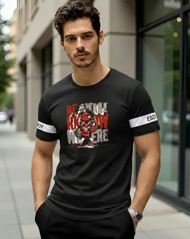 Polyester Printed T-shirt for Men, Black (XL)
