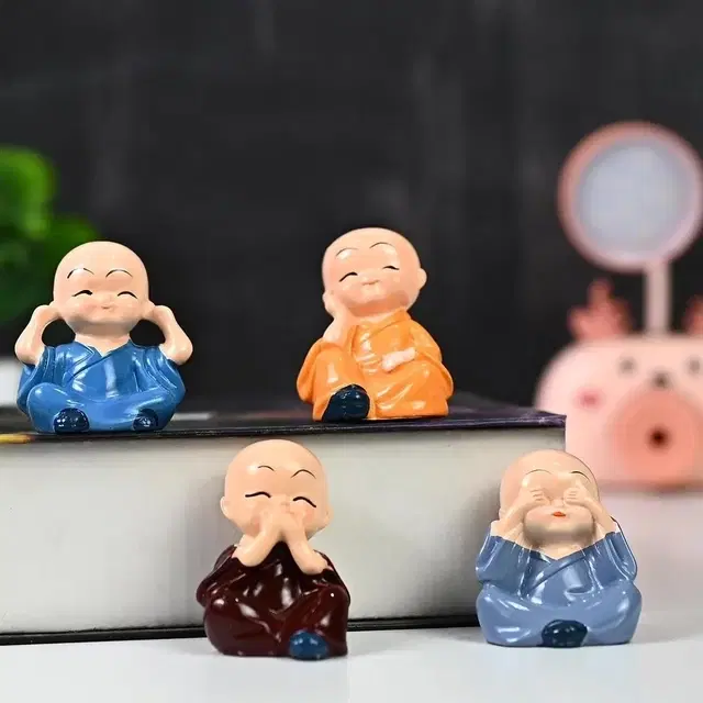 Cute Monk Showpiece Set Of 4 For Home Decor & Car Dashboard