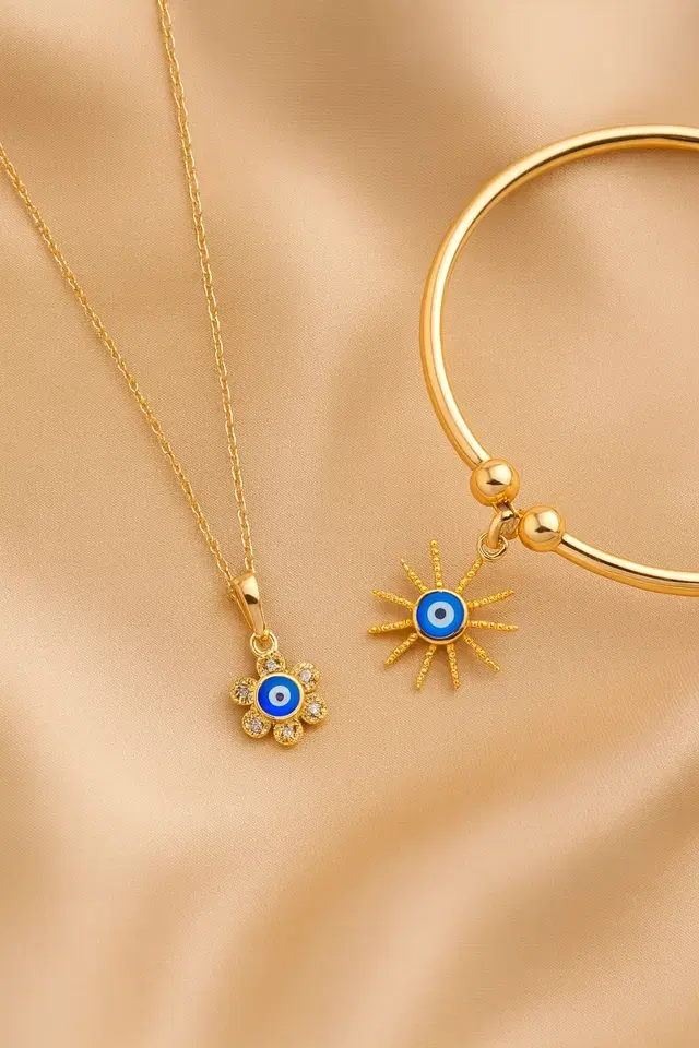 Gold Plated Evil Eye Necklace & Sunburst Bracelet Set, Set of 2