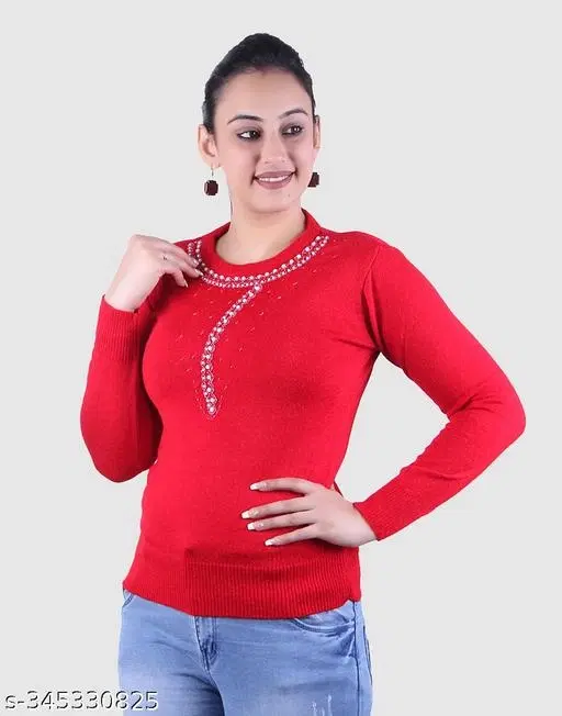 Acrylic Embellished Sweater for Women (Red, M)