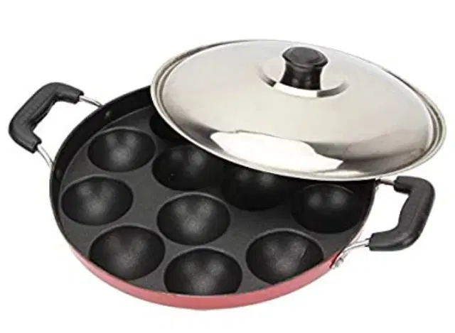 ZODEX 12 Cavities Non Stick Appam Patra with Lid and Side Handle, Multicolor, 21 cm