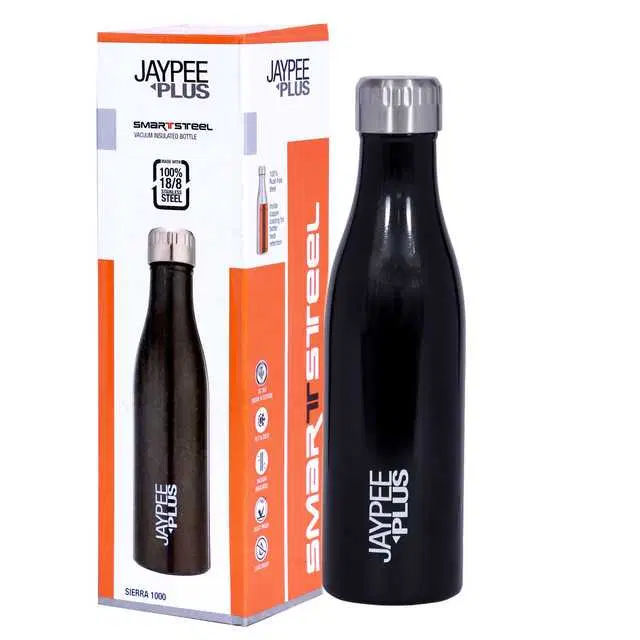 Sierra Stainless Steel Insulated 24 Hours Hot Or Cold Water Bottle, Black, 1000 ml, J-167