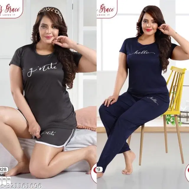 Satin Nightsuit for Women, Pack of 2 (Grey & Navy Blue, M)