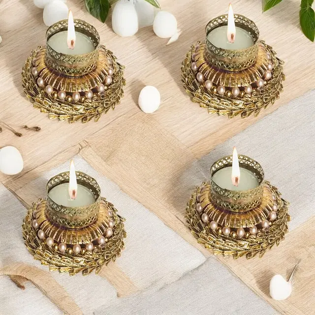 Metal Designer Tealight Candle Holder, Gold, 8x8x3.5 cm, Pack of 4