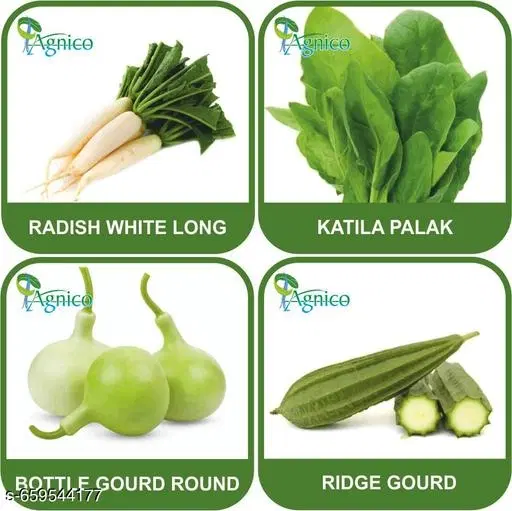 4 Vegetable Seeds Combo With Instruction Manual(Radish White Long/Bottle Gourd Round/Ridge Gourd/Katila Palak)
