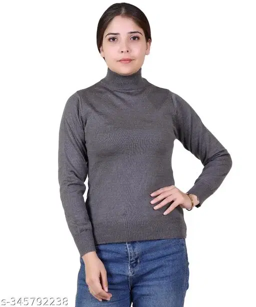 Hi-Neck Sweater for Women (Grey, M)
