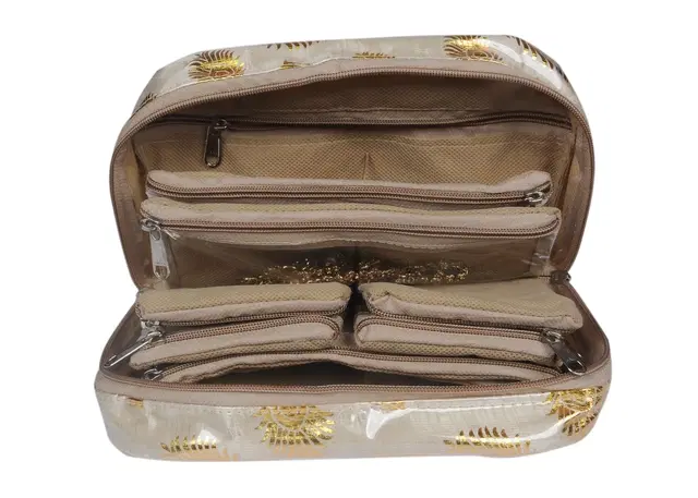 Canvas Printed Jewellery Organizer Bag with 10 Pcs Separate Pouches, Gold, Set of 1