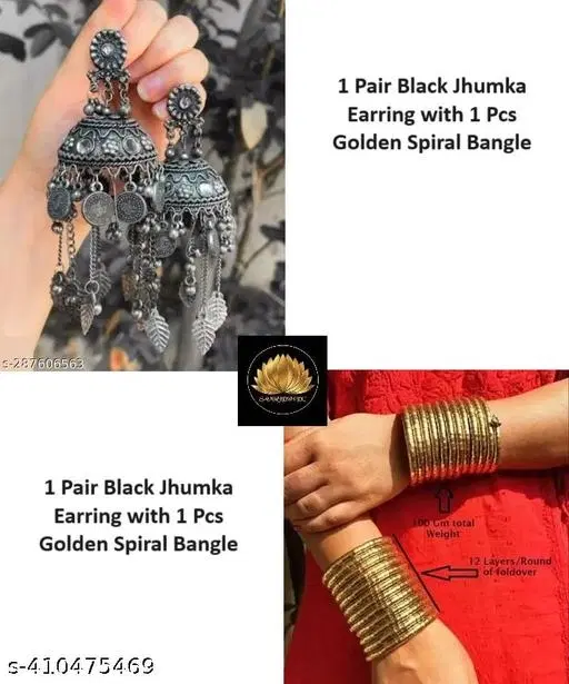 Combo Spiral Bangle with oxidised jhumka earring