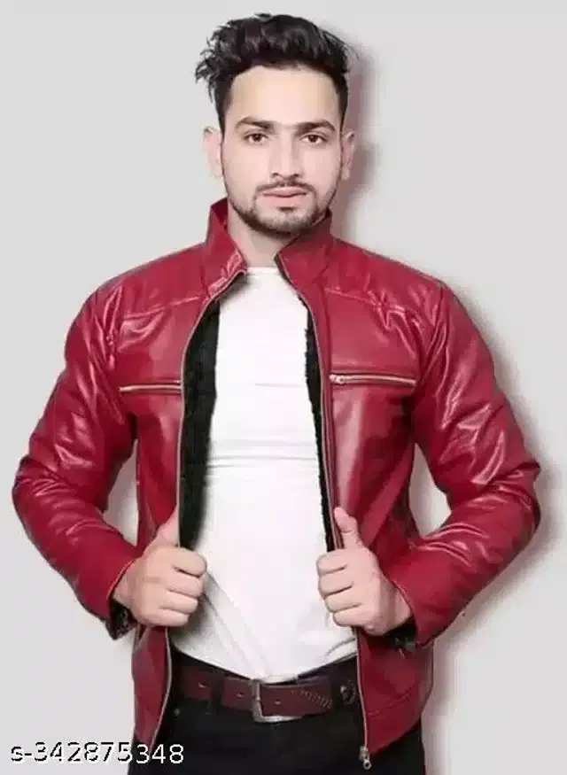 PU Jacket for Men (Maroon, M)