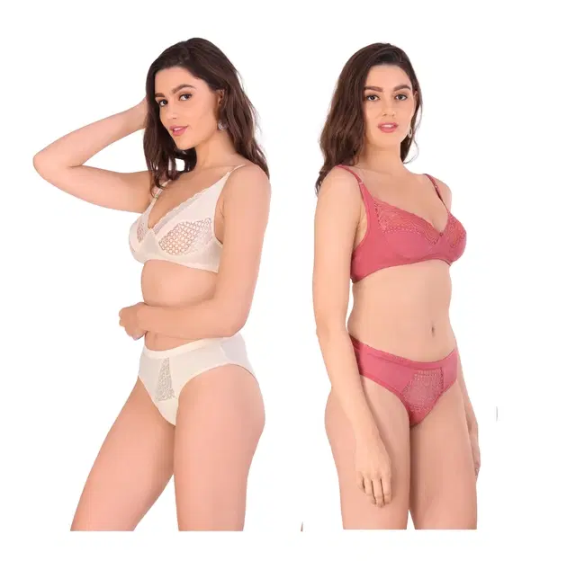 Cotton Blend Solid Non Padded Lingerie Set for Women, Pack of 2 (Multicolor, 30)