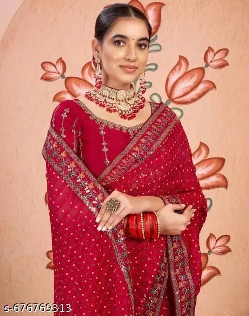 Georgette Embellished Saree For Women, Red