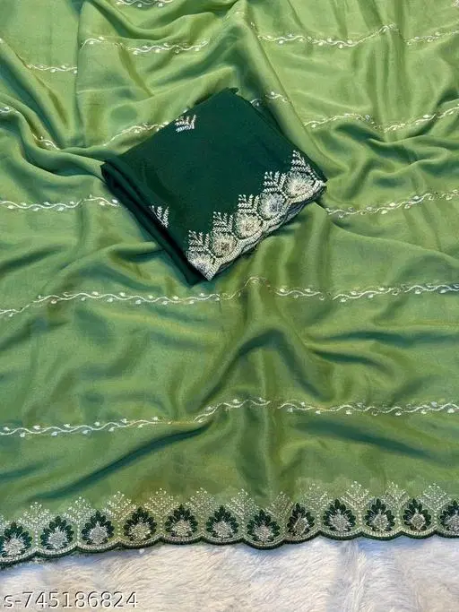 Embroidered Botanical Leheriya Saree (Green, Free Size)