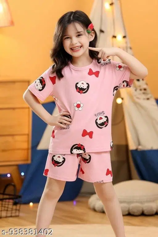 Cotton Blend Night Suit for Girls (Pink, 11-12 Years)