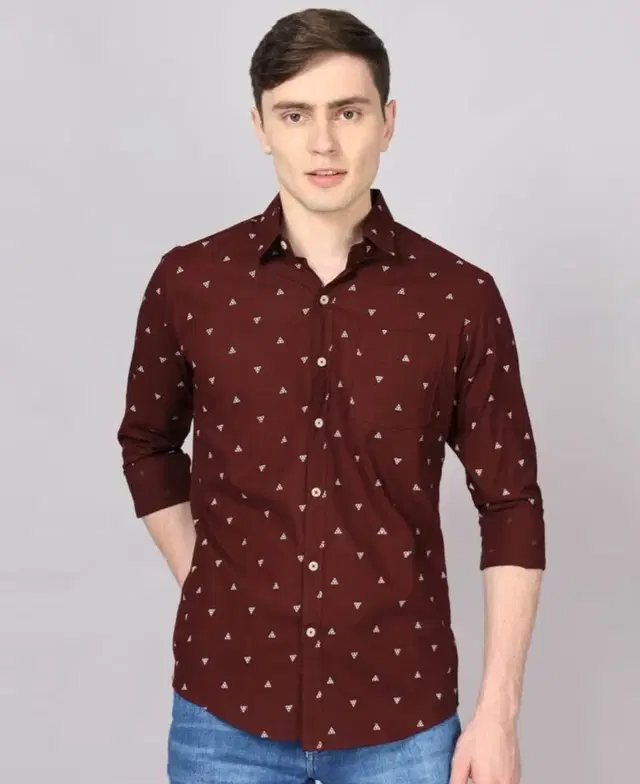 Cotton Printed Shirt for Men, Maroon (L)