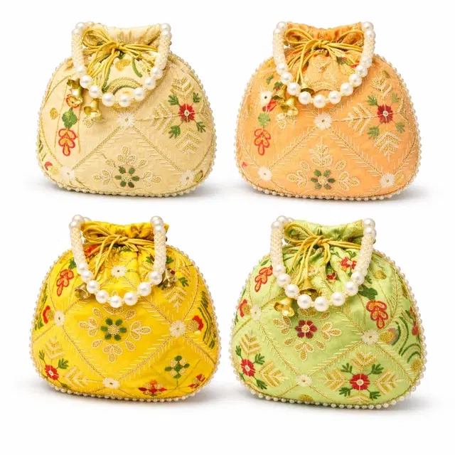 Handcrafted Embroidered Silk Potli Bag, Multicolour, Pack of 4