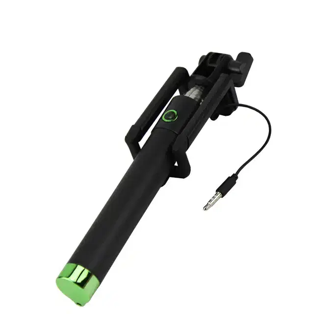 Universal Mini Selfie Stick with Aux Cable, Black & Green