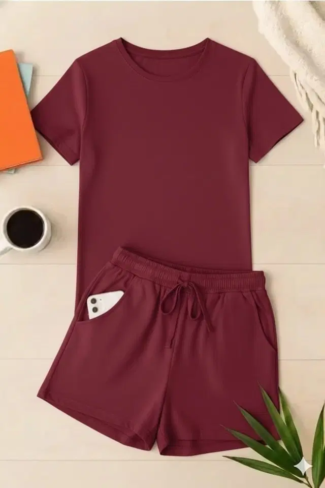 Cotton Blend Solid Top & Bottom Set for Women, Maroon (XS)