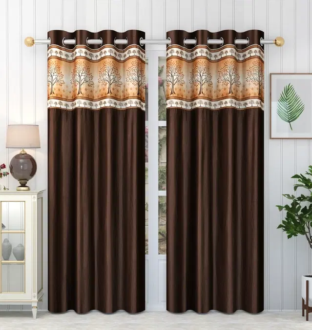 Polyester Printed Curtains for Door & Window, Brown, 5 feet, Pack of 2