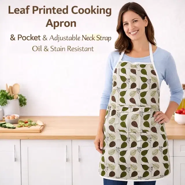 Leaf Printed Cooking Aprons with Pocket  & Adjustable Neck Strap Oil & Stain Resistant