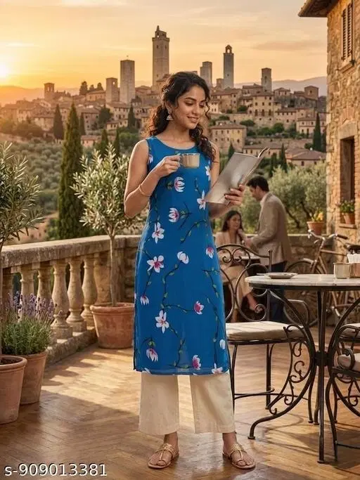 Long Straight Kurti for Women (Blue, S)