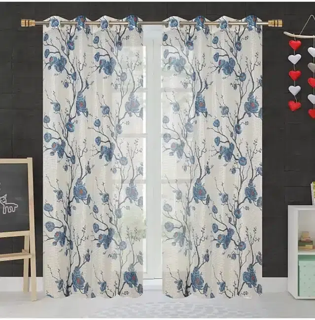 Printed Semi Transparent Net Window Curtains, Pack of 2, Blue, 5 feet