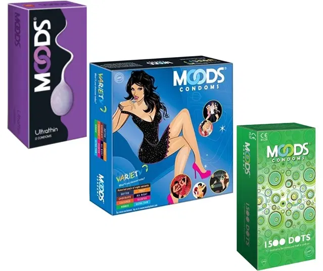 Moods 1500 Dots with Ultra Thin, 2x12 Pcs & Variety, 16 Pcs Dotted Condoms for Men, Set of 3