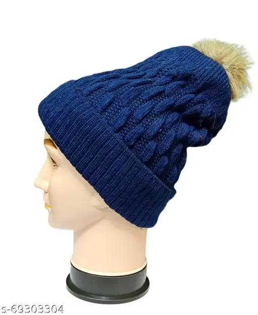 Woolen Cap for Women (Blue, Free Size)