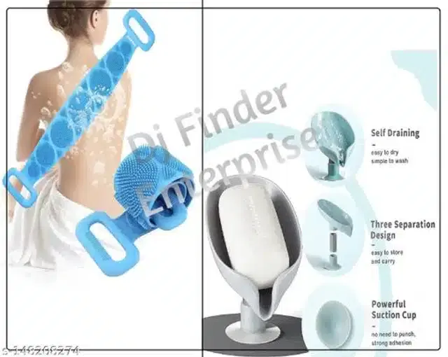 Silicone Body Back Scrubber with Leaf Shaped Soap Holder, Assorted, Pack of 2