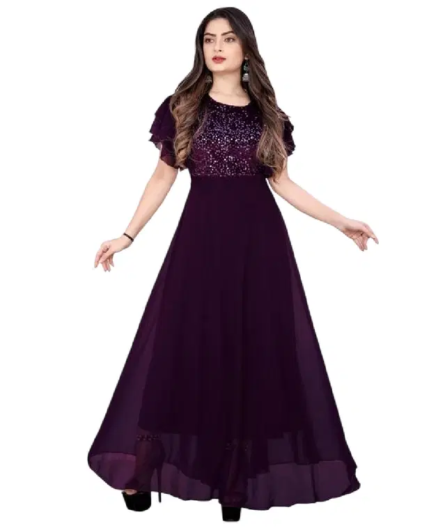 Georgette Embellished Gown for Women (Wine, S)