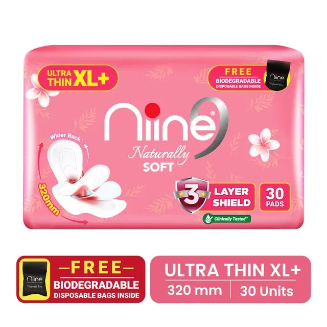 Niine Naturally Soft Ultra Thin XL+ 30 Pads with Free Biodegradable bags