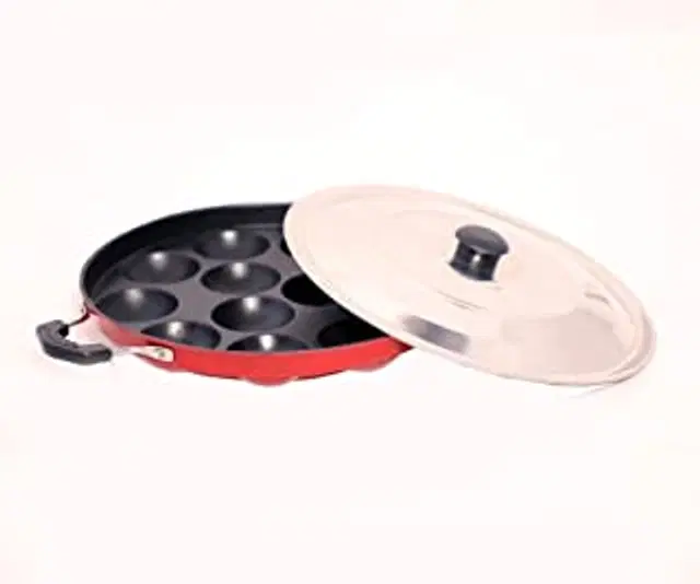 ZODEX 12 Cavities Non Stick Appam Patra with Lid and Side Handle, Multicolor, 21 cm