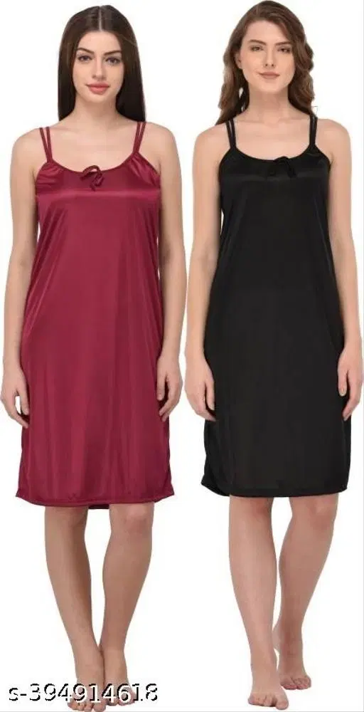 Satin Solid Nightdress for Women, Black & Dark Pink, Pack of 2 (M)