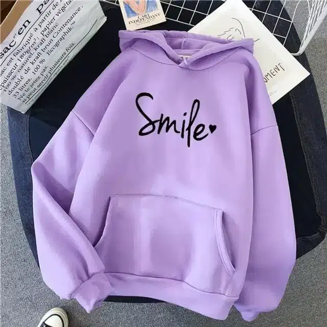 Fleece Self-Design Hoodies for Women (Lavender, M)