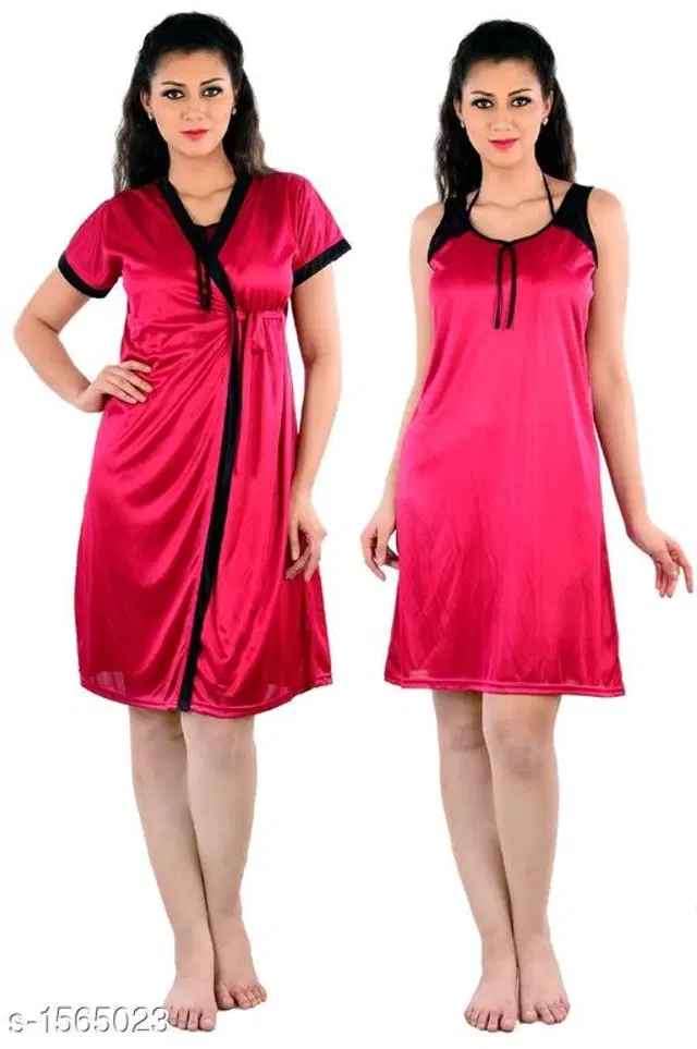 Satin Nightdress Set for Women (Dark Pink, M)