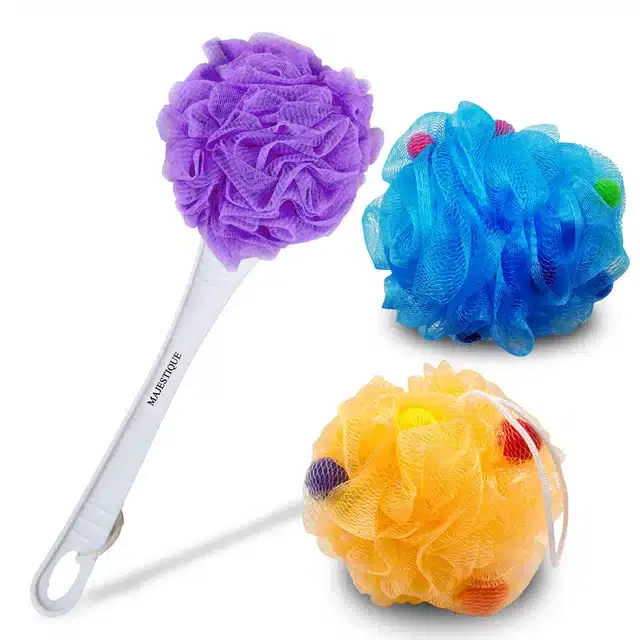 Majestique Shower Scrub Sponge with Long Handle Back Scrubber Brush and Body Wash Puff, Combo of 3, B-08