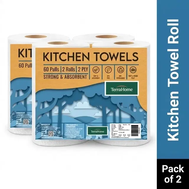 TerraHome 2 Ply Kitchen Towel Roll [4X60Pulls], 240 Pulls [Pack of 2]