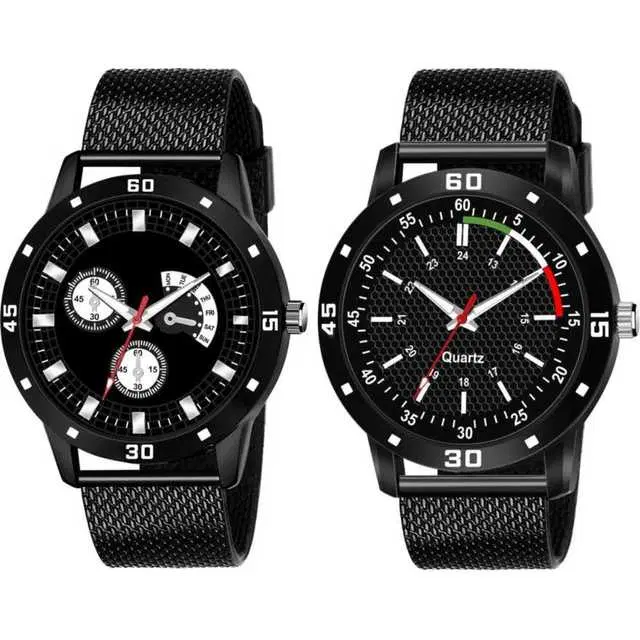 Casual PU Analog Watch Combo Men, Pack Of 2 (Black) (MP-726)