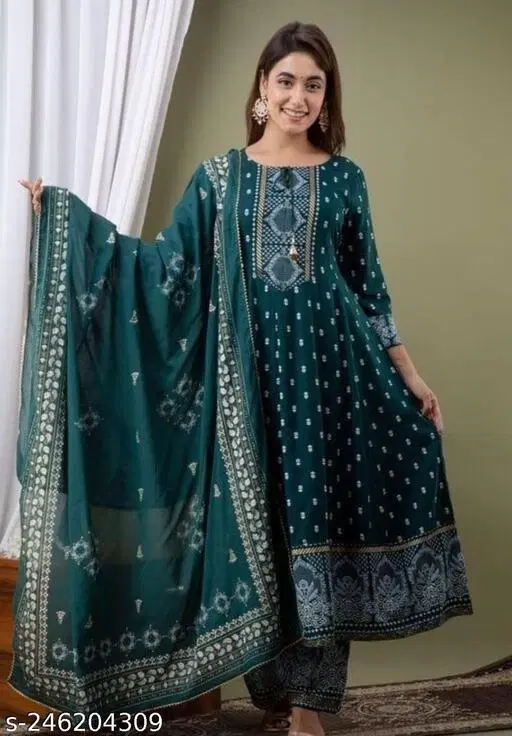 Rayon Printed Anarkali Kurti with Pant & Dupatta Set for Women, Green (M)