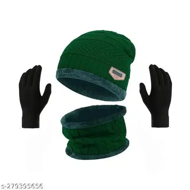 Woolen Beanie Cap with Neck Scarf & Hand Gloves for Men & Women, Set of 2 (Multicolor)