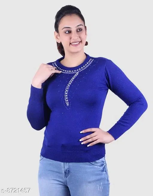Acrylic Embellished Sweater for Women (Blue, L)